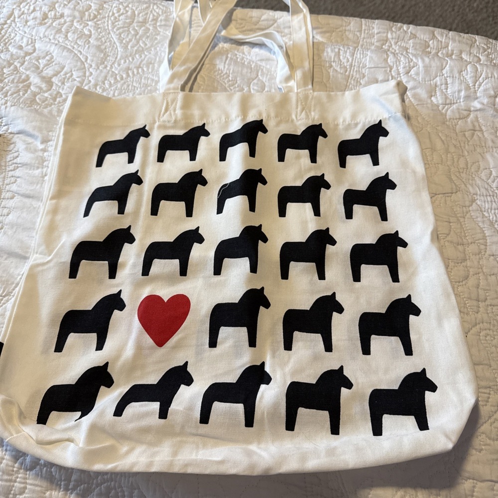 IKEA Cotton Hasthage Dala Horse Heart Tote Bag Eco Reusable Shopper White Black